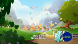 Size: 1673x935 | Tagged: safe, screencap, bon bon, golden delicious, lyra heartstrings, red delicious, sweetie drops, butterfly, earth pony, pony, unicorn, g4, rainbow roadtrip, apple family member, discovery family logo, female, male, mare, opening credits, stallion