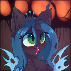 Size: 3000x3000 | Tagged: safe, artist:pesty_skillengton, queen chrysalis, changeling, changeling queen, g4, blushing, bust, chest fluff, crown, cute, cutealis, ear fluff, female, fluffy changeling, high res, jewelry, open mouth, portrait, regalia, solo
