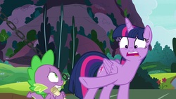Size: 1920x1080 | Tagged: safe, screencap, spike, twilight sparkle, alicorn, dragon, pony, between dark and dawn, g4, faic, mountain, scroll, twilight sparkle (alicorn), winged spike, wings
