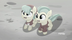 Size: 1920x1080 | Tagged: safe, screencap, barley barrel, pickle barrel, pegasus, pony, g4, rainbow roadtrip, barrel twins, beanie, brother and sister, clothes, colt, discovery family logo, duo, female, filly, foal, hat, hoodie, male, reaction, shirt, siblings, t-shirt, twins