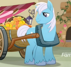 Size: 711x671 | Tagged: safe, screencap, cottonflock, earth pony, pony, g4, my little pony: rainbow roadtrip, background pony, cart, cropped, discovery family logo, food, horse collar, male, not big macintosh, peach, recolor, solo, stallion
