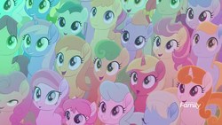 Size: 1920x1080 | Tagged: safe, screencap, apple juice (g4), bridle wreath, cardinal rose, cherry lemonade, cloud cover, confetti party, flevo blossom, guiding heart, harvest spice, meadow bloom, oak sprout, pastelia, rose honey, stargazer, tulip bulb, tulip rose, earth pony, pegasus, pony, unicorn, g4, my little pony: rainbow roadtrip, background pony, crowd, discovery family logo, female, filly, male, mare, stallion, unnamed character, unnamed pony