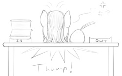 Size: 1117x698 | Tagged: safe, artist:stillwaterspony, ambiguous species, pony, ambiguous gender, atg 2019, desk, facedesk, lineart, newbie artist training grounds, quill, rough, sketch