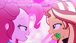 Size: 1280x720 | Tagged: safe, screencap, pinkie pie, sunset shimmer, equestria girls, equestria girls specials, g4, my little pony equestria girls: better together, my little pony equestria girls: sunset's backstage pass, duo, lidded eyes, looking at each other