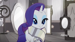 Size: 1699x956 | Tagged: safe, screencap, rarity, pony, unicorn, rainbow roadtrip, clothes, discovery family logo, female, hope hollow, lidded eyes, mare, mirror, scarf, solo