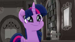 Size: 1920x1080 | Tagged: safe, screencap, twilight sparkle, alicorn, pony, rainbow roadtrip, 1080p, book, bookshelf, colorless, cute, female, folded wings, library, mare, smiling, solo, squee, that pony sure does love books, twiabetes, twilight sparkle (alicorn), wings