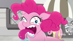Size: 1920x1080 | Tagged: safe, screencap, fluttershy, pinkie pie, earth pony, pegasus, pony, g4, rainbow roadtrip, bloodshot eyes, crazy face, discovery family logo, drool, evil eye, faic, female, hope hollow, horrifying, mare, teeth, terrorize, tongue out, uvula