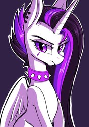 Size: 1431x2048 | Tagged: safe, artist:ask-colorsound, princess celestia, alicorn, pony, between dark and dawn, g4, alternate hairstyle, collar, ear piercing, emolestia, female, frown, goth, looking at you, mare, piercing, punklestia, purple background, simple background, solo, spiked collar