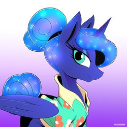 Size: 1024x1024 | Tagged: safe, artist:ask-colorsound, princess luna, alicorn, pony, between dark and dawn, g4, alternate hairstyle, clothes, eyeshadow, female, folded wings, gradient background, hair bun, hawaiian shirt, lidded eyes, looking at you, lunabetes, makeup, mare, profile, shirt, side view, solo, sparkling mane, tail bun, wings