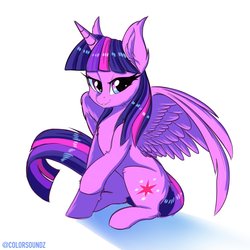 Size: 2048x2048 | Tagged: safe, artist:ask-colorsound, twilight sparkle, alicorn, pony, g4, big ears, ear fluff, female, high res, looking at you, mare, raised leg, solo, twilight sparkle (alicorn)
