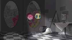 Size: 1699x956 | Tagged: safe, screencap, fluttershy, pinkie pie, earth pony, pegasus, pony, g4, rainbow roadtrip, bucket, discovery family logo, door, duo, female, hope hollow, mare, mop, table, tablecloth, window