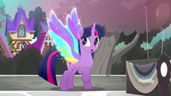 Size: 1920x1080 | Tagged: safe, screencap, twilight sparkle, alicorn, pony, g4, my little pony: rainbow roadtrip, colored wings, concave belly, discovery family logo, female, horn, limited palette, looking back, mare, multicolored wings, quadrupedal, rainbow wings, raised hoof, solo, spread wings, standing, toyetic, twilight sparkle (alicorn), wing bling, wings