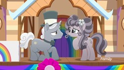 Size: 1920x1080 | Tagged: safe, screencap, petunia petals, sunny skies, pegasus, pony, unicorn, g4, rainbow roadtrip, bowtie, cute, discovery family logo, duo, female, flower, flower in hair, freckles, hat, heartwarming, hoof on chest, male, mare, marriage proposal, petalbetes, petuniasky, shipping, stallion, straight, sunnydorable, top hat