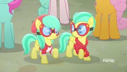 Size: 1920x1080 | Tagged: safe, screencap, barley barrel, pickle barrel, pegasus, pony, g4, my little pony: rainbow roadtrip, barrel twins, brother and sister, clothes, colt, discovery family logo, duo focus, female, filly, foal, goggles, hat, male, shirt, siblings, sweater, t-shirt, twins
