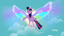 Size: 1699x956 | Tagged: safe, screencap, twilight sparkle, alicorn, pony, g4, my little pony: rainbow roadtrip, belly, cloud, colored wings, female, flying, mare, multicolored wings, rainbow wings, round belly, sky, solo, spread wings, toyetic, twilight sparkle (alicorn), wing bling, wings