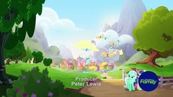Size: 1920x1080 | Tagged: safe, screencap, bon bon, derpy hooves, golden delicious, lyra heartstrings, red delicious, sweetie drops, butterfly, earth pony, pegasus, pony, unicorn, g4, rainbow roadtrip, apple family member, discovery family logo, female, mare, ponyville