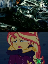 Size: 1920x2560 | Tagged: safe, edit, edited screencap, screencap, sunset shimmer, equestria girls, equestria girls specials, g4, my little pony equestria girls: better together, my little pony equestria girls: sunset's backstage pass, autobot, bayformers, clash of hasbro's titans, comparison, crossover, crying, death, optimus prime, sad, sunsad shimmer, teary eyes, transformers, transformers revenge of the fallen