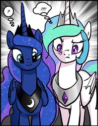 Size: 443x569 | Tagged: safe, artist:pencils, princess celestia, princess luna, alicorn, pony, g4, collar, jewelry, looking at you, necklace, traditional art, varying degrees of want
