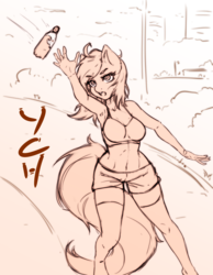 Size: 2186x2810 | Tagged: safe, artist:kindpineapple, anthro, advertisement, armpits, bottle, clothes, commission, female, high res, marathon, mare, running, shorts, solo, sports, stockings, thigh highs, water, ych example, your character here