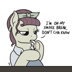 Size: 1200x1200 | Tagged: safe, artist:mkogwheel, torque wrench, earth pony, pony, g4, rainbow roadtrip, cigarette, desaturated, dialogue, don'tcha know, female, mare, simple background, solo, that was fast, white background