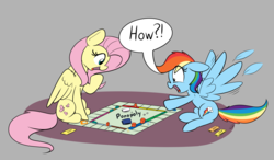 Size: 3230x1887 | Tagged: safe, artist:taurson, fluttershy, rainbow dash, pegasus, pony, g4, atg 2019, board game, dialogue, duo, female, looking at something, mare, monopoly, newbie artist training grounds, shocked, simple background, sitting, speech bubble