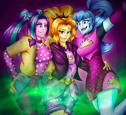 Size: 2644x2419 | Tagged: safe, artist:mandy1412, adagio dazzle, aria blaze, sonata dusk, equestria girls, find the magic, g4, my little pony equestria girls: better together, clothes, dress, female, food, high res, jacket, leather jacket, ponytail, shorts, smiling, taco, taco dress, the dazzlings, the dazzlings have returned, trio