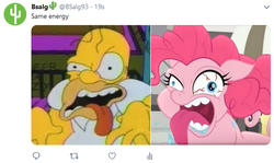 Size: 579x344 | Tagged: safe, edit, edited screencap, screencap, fluttershy, pinkie pie, earth pony, human, pegasus, pony, g4, rainbow roadtrip, bloodshot eyes, crazy face, faic, homer simpson, male, meme, pinkie pie is best facemaker, same energy, simpsons did it, terrorize, the shinning, the simpsons, treehouse of horror, wat