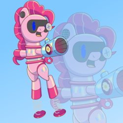 Size: 2000x2000 | Tagged: safe, artist:trackheadtherobopony, pinkie pie, pony, robot, robot pony, g4, arm cannon, female, high res, jumping, party cannon, pinkie bot, roboticization, solo, springs, zoom layer