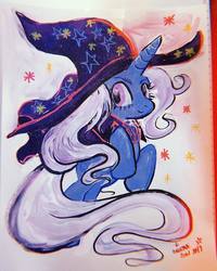 Size: 1080x1350 | Tagged: artist needed, safe, trixie, pony, unicorn, g4, clothes, female, hat, leaping, looking at you, mare, smiling, solo, traditional art, trixie's hat