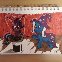 Size: 1080x1080 | Tagged: safe, starlight glimmer, trixie, rabbit, g4, bunnified, magic, photo, post-transformation, species swap, traditional art, transformation