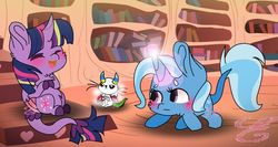 Size: 1280x680 | Tagged: safe, artist:kiwi4578, angel bunny, trixie, twilight sparkle, alicorn, pony, g4, blushing, chibi, cute, female, glowing horn, golden oaks library, horn, horns, laughing, lesbian, magic, ship:twixie, shipping, tail, transformation, twilight sparkle (alicorn), wings