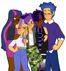 Size: 1862x2000 | Tagged: safe, artist:galaxiedream, flash sentry, twilight sparkle, oc, oc:flare beam, oc:hesitant enchantment, oc:sparkling stars (ice1517), human, icey-verse, g4, belt, bracelet, brother and sister, camouflage, clothes, dark skin, diversity, dress, ear piercing, earring, eyes closed, father and daughter, father and son, female, humanized, humanized oc, jacket, jeans, jewelry, leather jacket, male, mother and daughter, mother and son, multicolored hair, necklace, offspring, one eye closed, pants, parent:flash sentry, parent:twilight sparkle, parents:flashlight, piercing, scarf, ship:flashlight, shipping, shirt, siblings, simple background, sisters, skirt, smug, straight, stubble, sweater, transparent background, wink