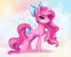 Size: 1500x1200 | Tagged: safe, artist:paintedhoofprints, oc, oc only, oc:candy heart, pony, unicorn, abstract background, bow, commission, female, hair bow, looking at you, magic, mare, raised hoof, smiling, solo, tail bow