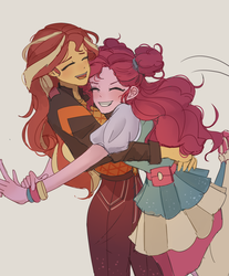 Size: 1320x1598 | Tagged: safe, artist:tcn1205, pinkie pie, sunset shimmer, human, equestria girls, equestria girls series, g4, sunset's backstage pass!, spoiler:eqg series (season 2), blushing, clothes, cute, diapinkes, eyes closed, female, glomp, hug, lesbian, music festival outfit, pony coloring, shimmerbetes, ship:sunsetpie, shipping