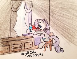 Size: 1684x1301 | Tagged: safe, artist:a-bright-idea, rarity, pony, unicorn, g4, atg 2019, female, machine, newbie artist training grounds, sewing, solo, traditional art, window