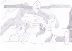 Size: 2048x1438 | Tagged: safe, artist:ragmo, oc, oc only, oc:caveman pony, oc:swift sword, earth pony, pony, unicorn, atg 2019, female, fight, male, monochrome, newbie artist training grounds, traditional art