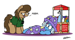 Size: 2279x1232 | Tagged: safe, artist:bobthedalek, trixie, oc, earth pony, pony, unicorn, arcade game, atg 2019, cape, caught, cheating, claw machine, clothes, crane game, dialogue, eye contact, female, hat, inconvenient trixie, looking at each other, mare, newbie artist training grounds, open mouth, prone, shirt, trixie's cape, trixie's hat, unamused