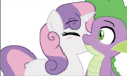 Size: 391x233 | Tagged: safe, artist:sketchstar-mids-sis, spike, sweetie belle, dragon, pony, unicorn, g4, blushing, cheek kiss, cute, daaaaaaaaaaaw, eyes closed, female, filly, interspecies, kissing, lowres, male, ship:spikebelle, shipping, simple background, straight, white background