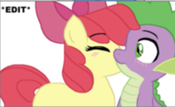 Size: 390x239 | Tagged: safe, artist:sketchstar-mids-sis, edit, apple bloom, spike, dragon, earth pony, pony, g4, blushing, cheek kiss, cute, daaaaaaaaaaaw, duo, eyes closed, female, filly, interspecies, kissing, lowres, male, ship:spikebloom, shipping, simple background, straight, white background