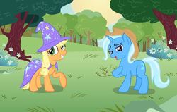 Size: 928x590 | Tagged: artist needed, source needed, safe, applejack, trixie, earth pony, pony, unicorn, g4, accessory swap, applejack's hat, cape, clothes, cowboy hat, female, hat, lesbian, mare, raised hoof, shipping, tripplejack, trixie's cape, trixie's hat