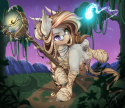 Size: 1920x1661 | Tagged: safe, artist:pvrii, oc, oc only, oc:astrid, original species, pony, body freckles, chest fluff, coat markings, commission, crescent moon, ear fluff, ear piercing, female, freckles, glasses, glowing, grass, heterochromia, horns, jewelry, leonine tail, long mane, magic, mare, moon, mountain, mountain range, necklace, night, path, piercing, plant, solo, staff, stars, swamp, tail, tree, trotting, unshorn fetlocks, wisp