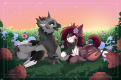 Size: 6071x4000 | Tagged: safe, artist:pvrii, oc, oc only, oc:aether, oc:bramble patch, bat pony, griffon, pony, bat pony oc, bush, chest fluff, couple, duo, ear fluff, female, flower, flower in hair, grass, grass field, griffon oc, looking at each other, male, mare, stars, sunset, wings