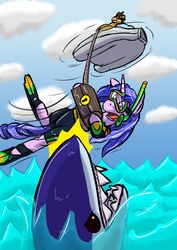 Size: 1280x1811 | Tagged: safe, artist:lizardwithhat, doctor whooves, sea swirl, seafoam, time turner, earth pony, pony, shark, unicorn, g4, detailed background, dive mask, flying saucer, frightened, newbie artist training grounds, ocean, rope, treasure chest, wetsuit