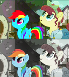 Size: 1066x1175 | Tagged: safe, color edit, edit, edited screencap, editor:ponimalion, screencap, rainbow dash, torque wrench, earth pony, pegasus, pony, g4, rainbow roadtrip, atorqueable, colored, cute, dashabetes, discovery family, discovery family logo, female, hope hollow, mare, saturated