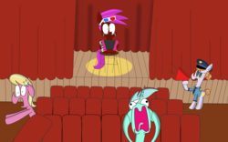 Size: 8000x4982 | Tagged: safe, artist:rainbowbacon, copper top, lily, lily valley, lyra heartstrings, oc, oc:rainbowbacon, pony, g4, accordion, atg 2019, musical instrument, newbie artist training grounds, police, stage