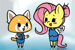 Size: 2200x1451 | Tagged: safe, artist:thecoldsbarn, angel bunny, fluttershy, red panda, anthro, g4, aggretsuko, alternate hairstyle, blushing, chibi, clothes, crossover, cute, duo, hair bun, office lady, retsuko, sanrio, shyabetes, style emulation