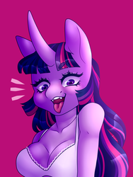 Size: 2250x3000 | Tagged: safe, artist:d-evour, artist:xalloir, twilight sparkle, anthro, g4, bra, breasts, busty twilight sparkle, cleavage, clothes, female, frilly underwear, high res, looking at you, open mouth, pink underwear, solo, tongue out, underwear