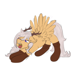Size: 1000x1000 | Tagged: safe, artist:violetpen, oc, oc only, oc:antler pone, pegasus, pony, antlers, clothes, one eye closed, open mouth, simple background, socks, solo, spread wings, transparent background, wings, yawn