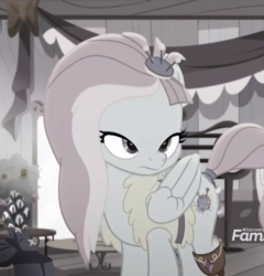 Size: 376x391 | Tagged: safe, screencap, kerfuffle, pegasus, pony, g4, rainbow roadtrip, amputee, clothes, cropped, discovery family logo, female, mare, mid-blink screencap, prosthetic leg, prosthetic limb, prosthetics, solo