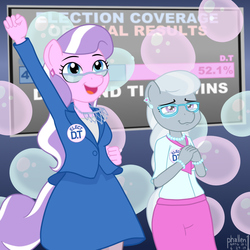 Size: 1200x1200 | Tagged: safe, artist:phallen1, diamond tiara, silver spoon, earth pony, anthro, g4, atg 2019, badge, balloon, clothes, crying, cute, election, glasses, jacket, jewelry, jumping for joy, liquid pride, mayor, newbie artist training grounds, older, skirt, skirt suit, suit, victory